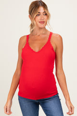 Red Lace Trim Detail Ribbed Maternity Knit Tank Top