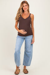 Brown Lace Trim Detail Ribbed Maternity Knit Tank Top