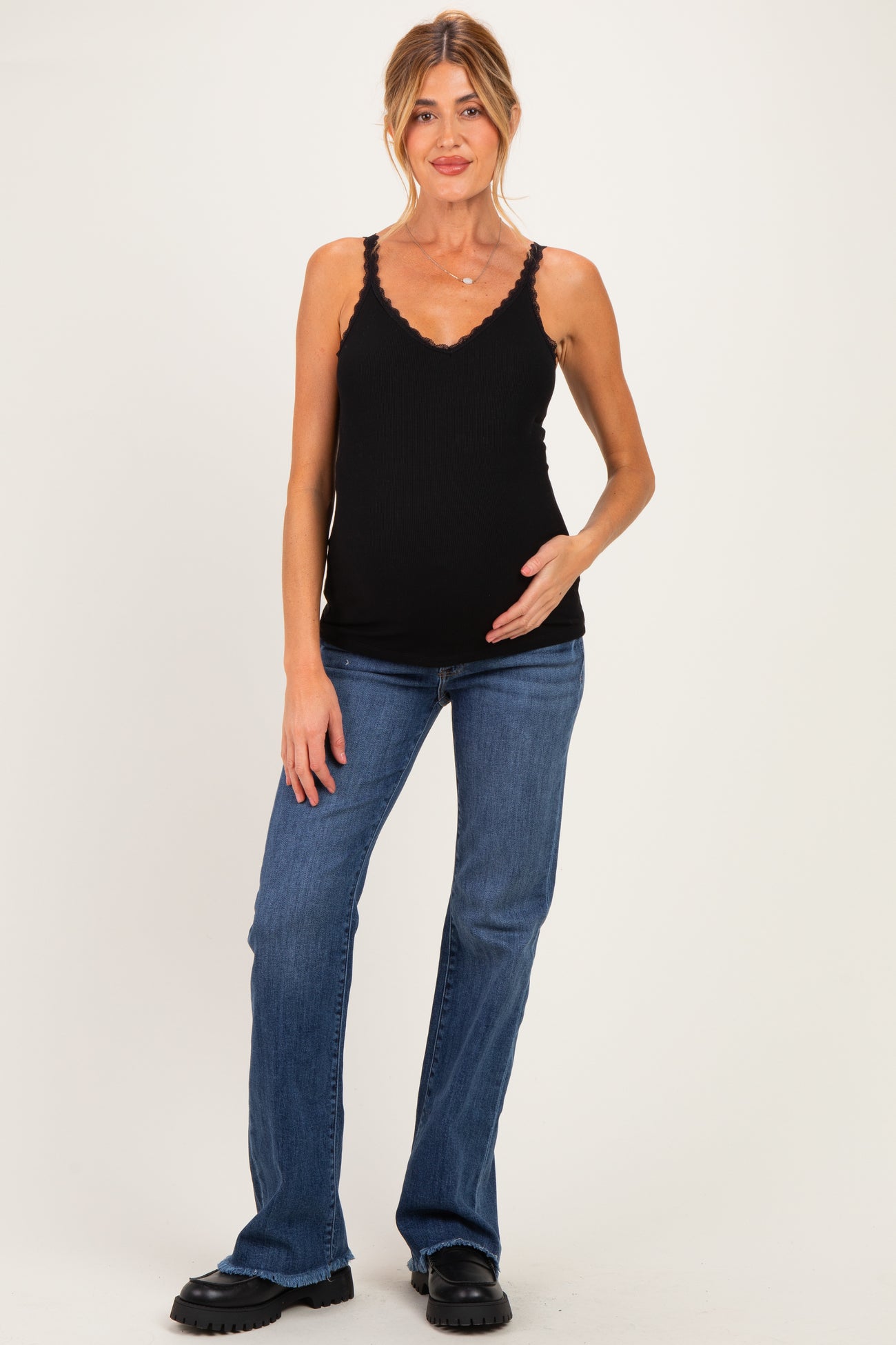 Black Lace Trim Detail Ribbed Maternity Knit Tank Top