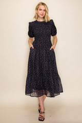 Dark Navy Floral Smocked Midi Dress