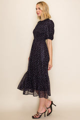 Dark Navy Floral Smocked Midi Dress