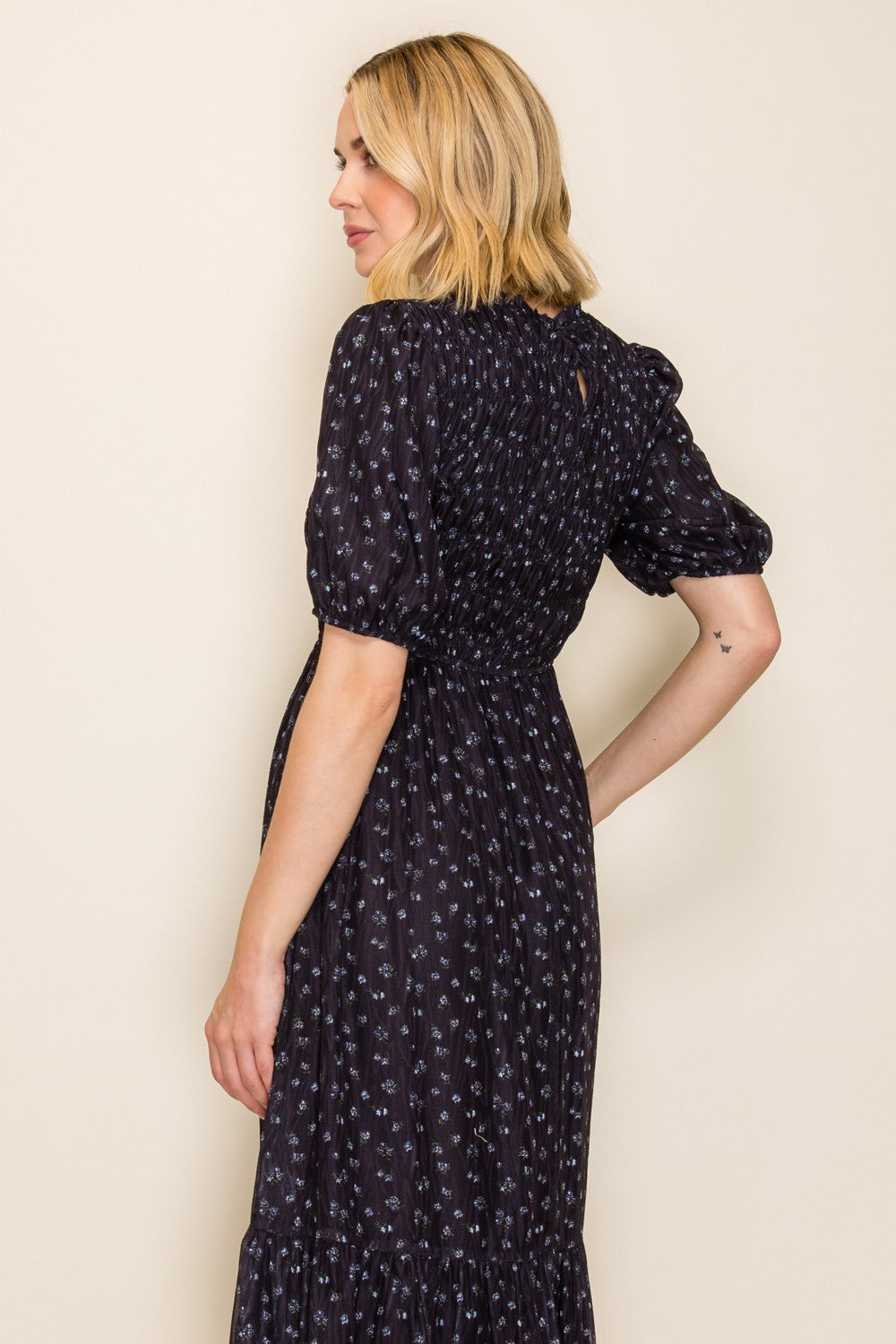 Dark Navy Floral Smocked Midi Dress
