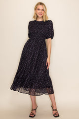 Dark Navy Floral Smocked Midi Dress