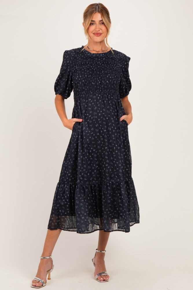 Dark Navy Floral Smocked Maternity Midi Dress