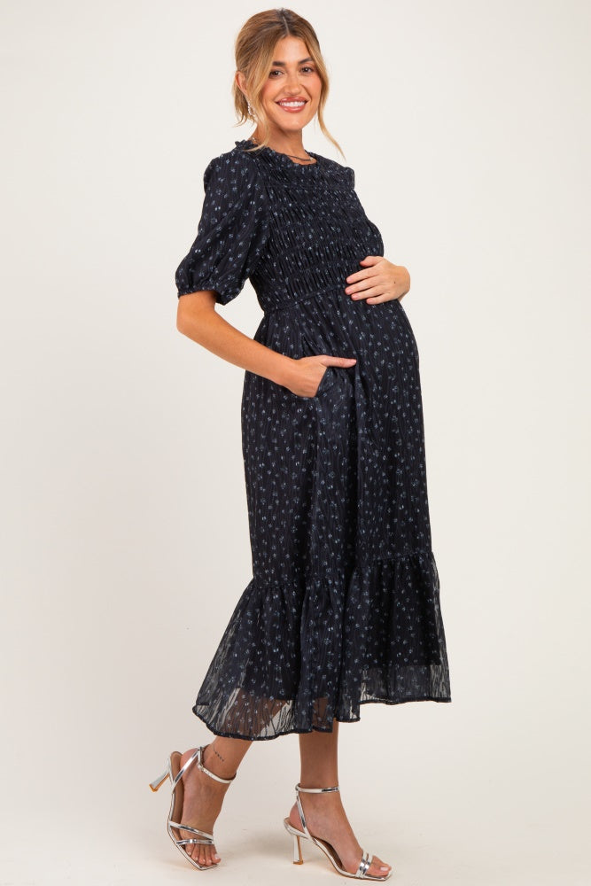 Dark Navy Floral Smocked Maternity Midi Dress