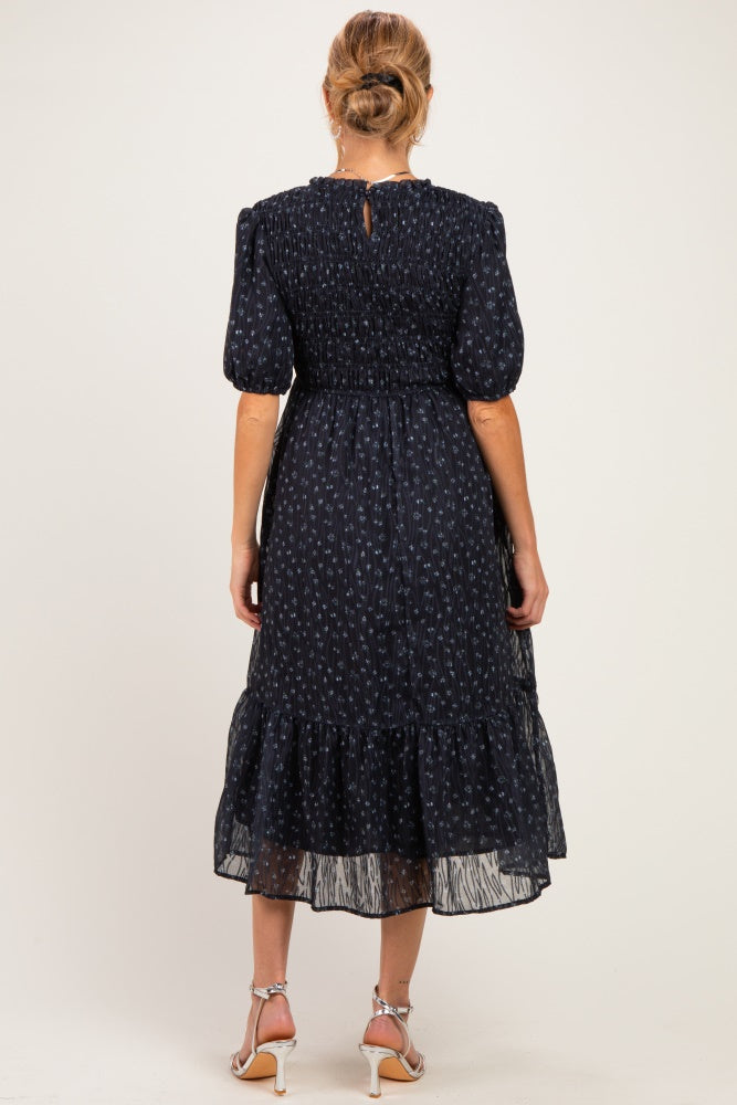 Dark Navy Floral Smocked Maternity Midi Dress