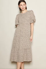 Light Taupe Floral Puff Sleeve Tiered Midi Dress