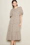 Light Taupe Floral Puff Sleeve Tiered Midi Dress