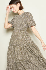 Olive Floral Puff Sleeve Tiered Midi Dress