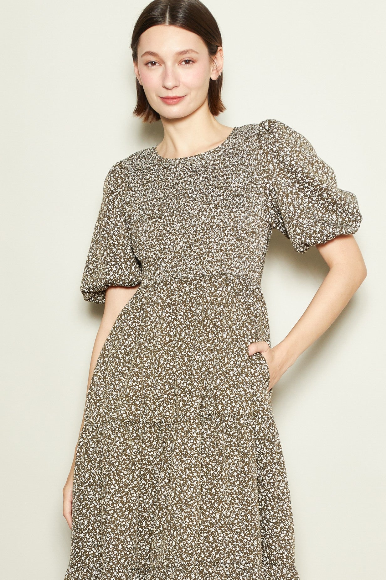 Olive Floral Puff Sleeve Tiered Midi Dress