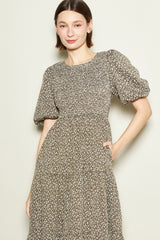 Olive Floral Puff Sleeve Tiered Midi Dress
