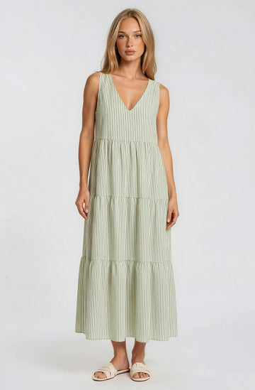 Sage Striped V-Neck Sleeveless Tiered Maxi Dress