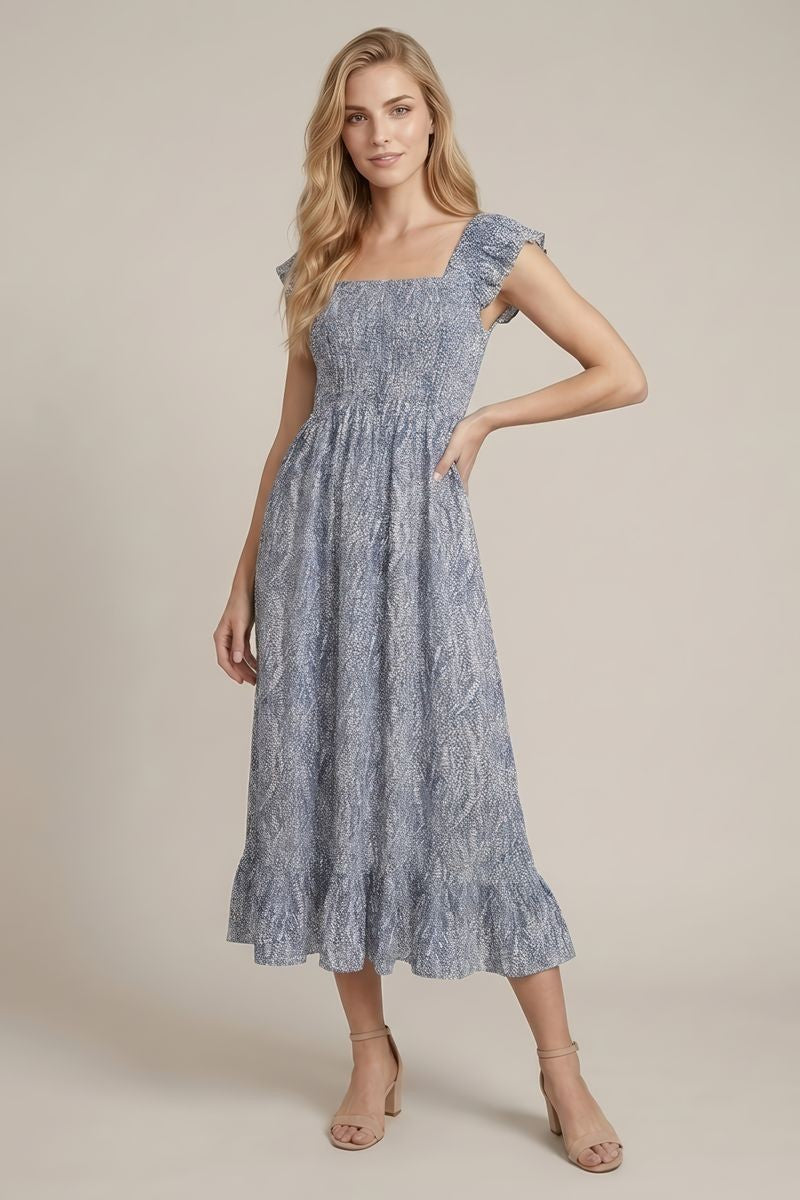 Blue Grey Printed Smocked Midi Dress – PinkBlush