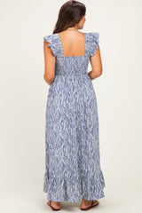 Blue Grey Printed Smocked Maternity Midi Dress
