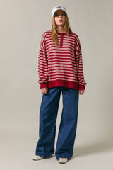 Maroon Striped Oversized Button Sweatshirt