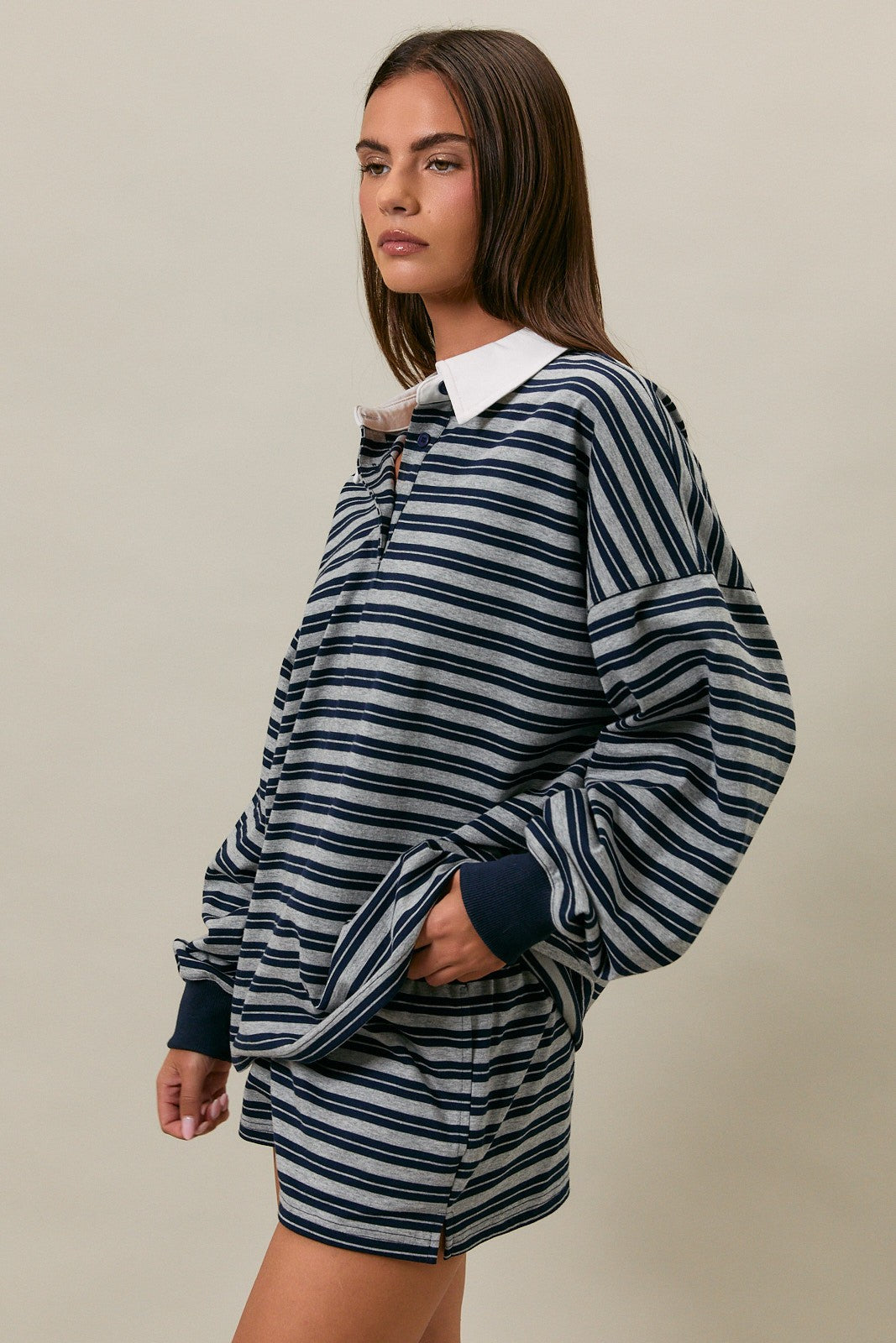 Navy Striped Long Sleeve Collared Oversized Shirt