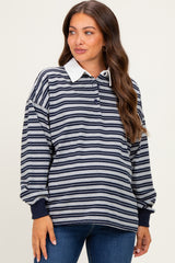 Navy Striped Long Sleeve Collared Oversized Maternity Shirt