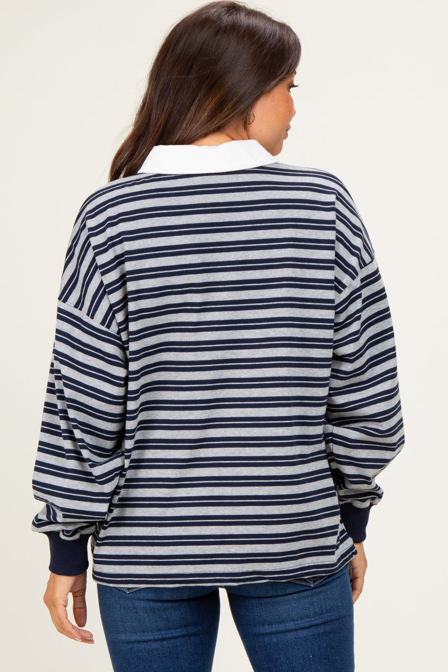 Navy Striped Long Sleeve Collared Oversized Maternity Shirt