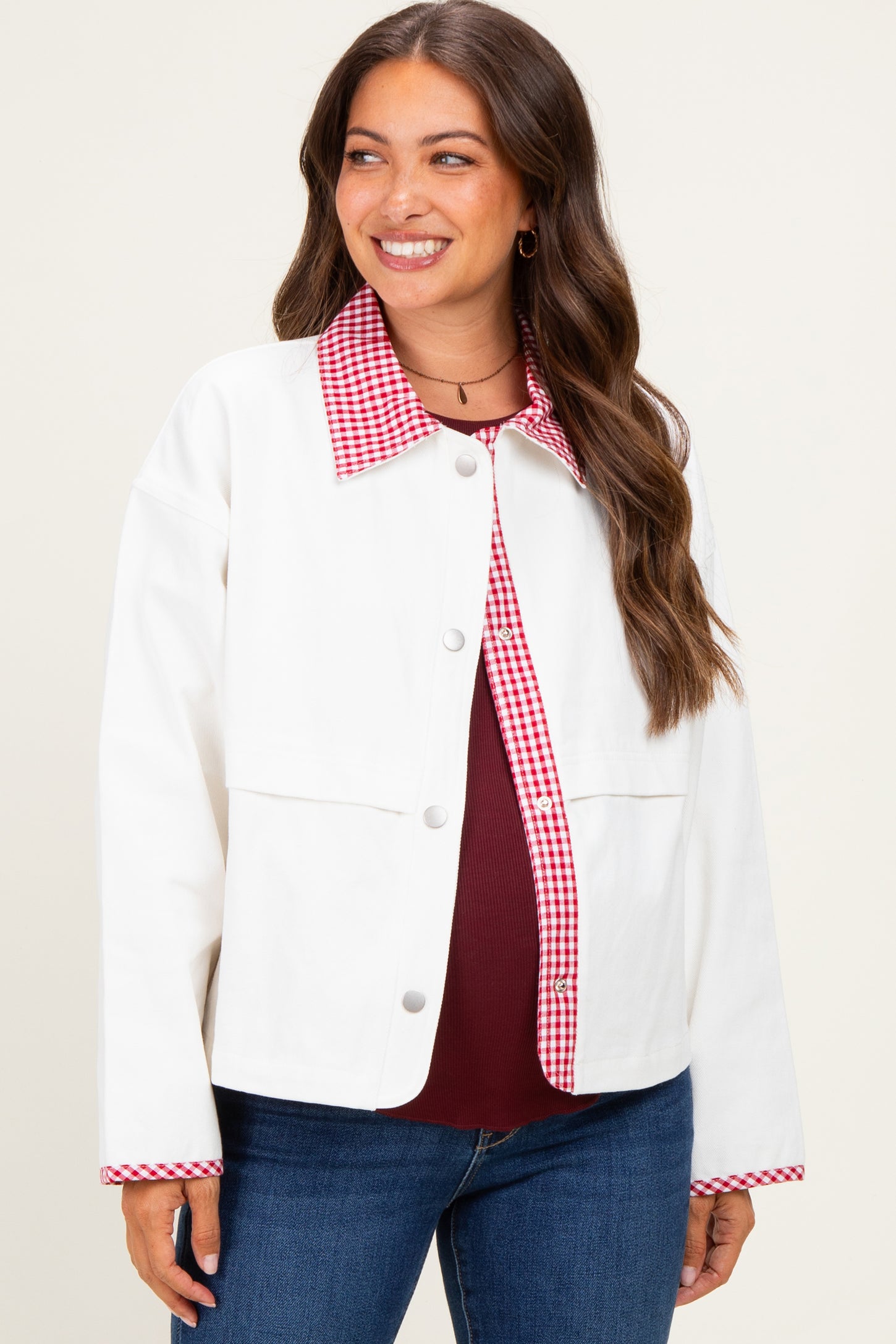 White Red Plaid Contrast Maternity Jacket