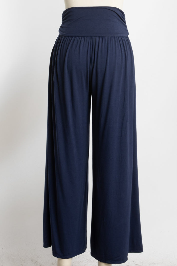 navy blue wide-leg pants with a soft elastic waistband