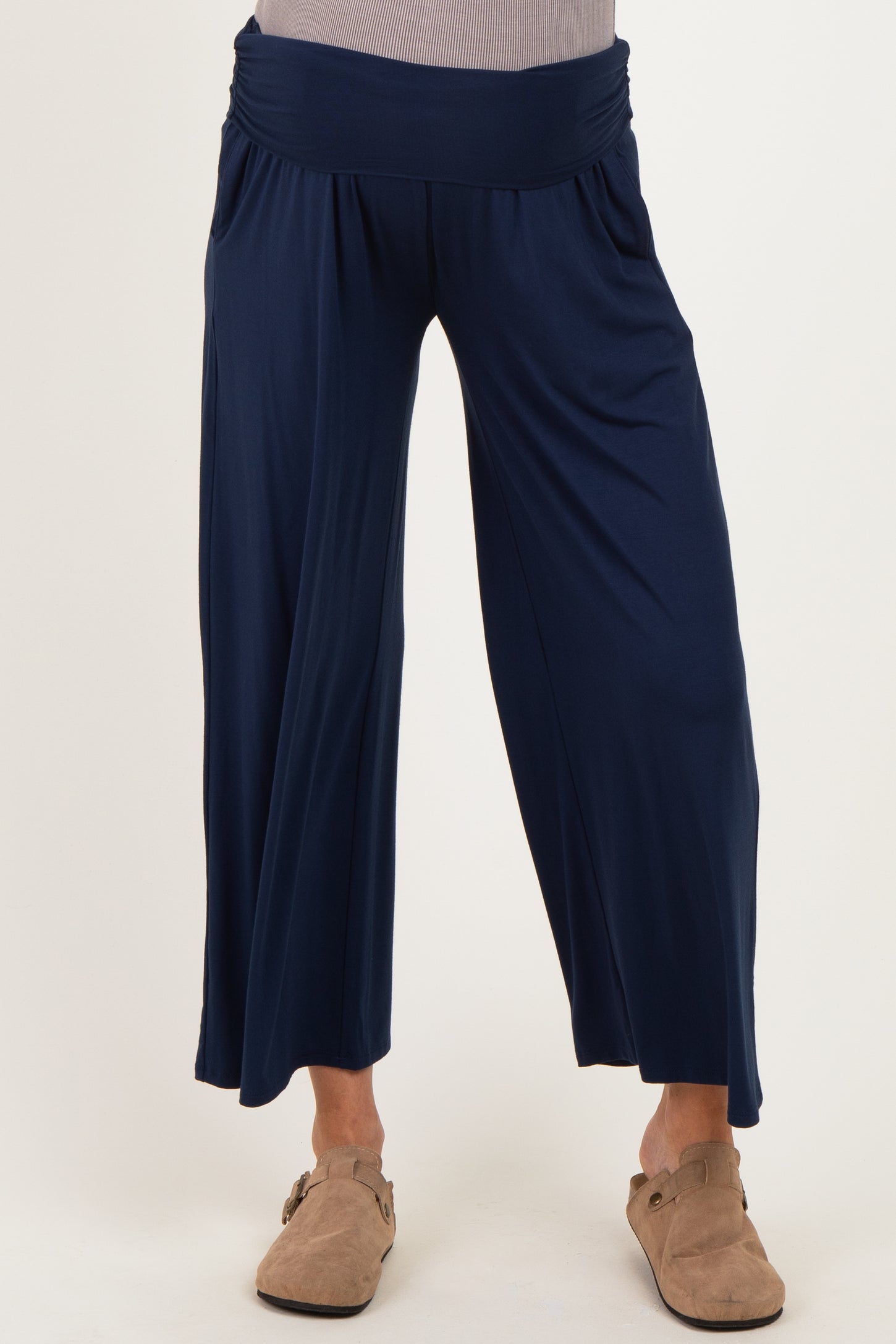 Navy Wide Waist Band Maternity Wide Leg Maternity Pants