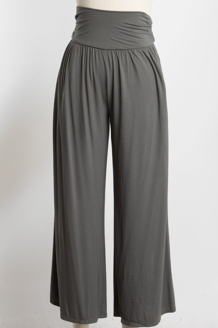 gray wide-leg lounge pants with a smocked waistband on a mannequin
