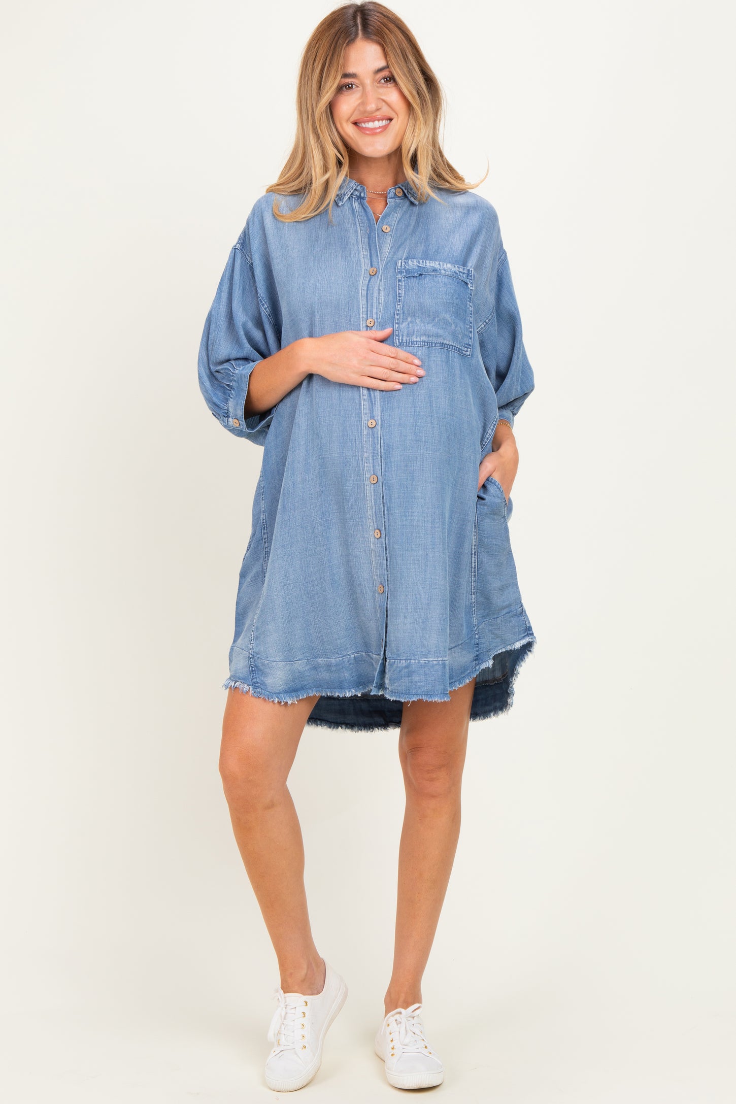 denim maternity shirt dress Women's Maternity Denim Dress Babydoll Long Sleeve Cotton Button Down Shirt Dresses