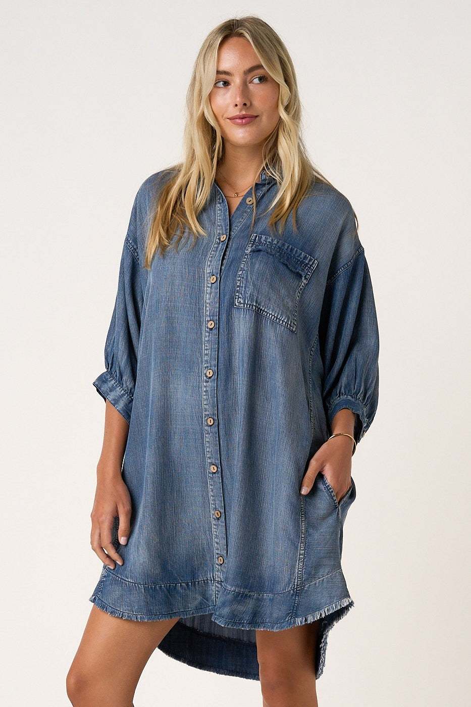 Dark Denim Chambray Dolman Sleeve Maternity Shirt Dress