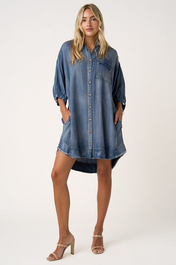 Dark Denim Chambray Dolman Sleeve Shirt Dress
