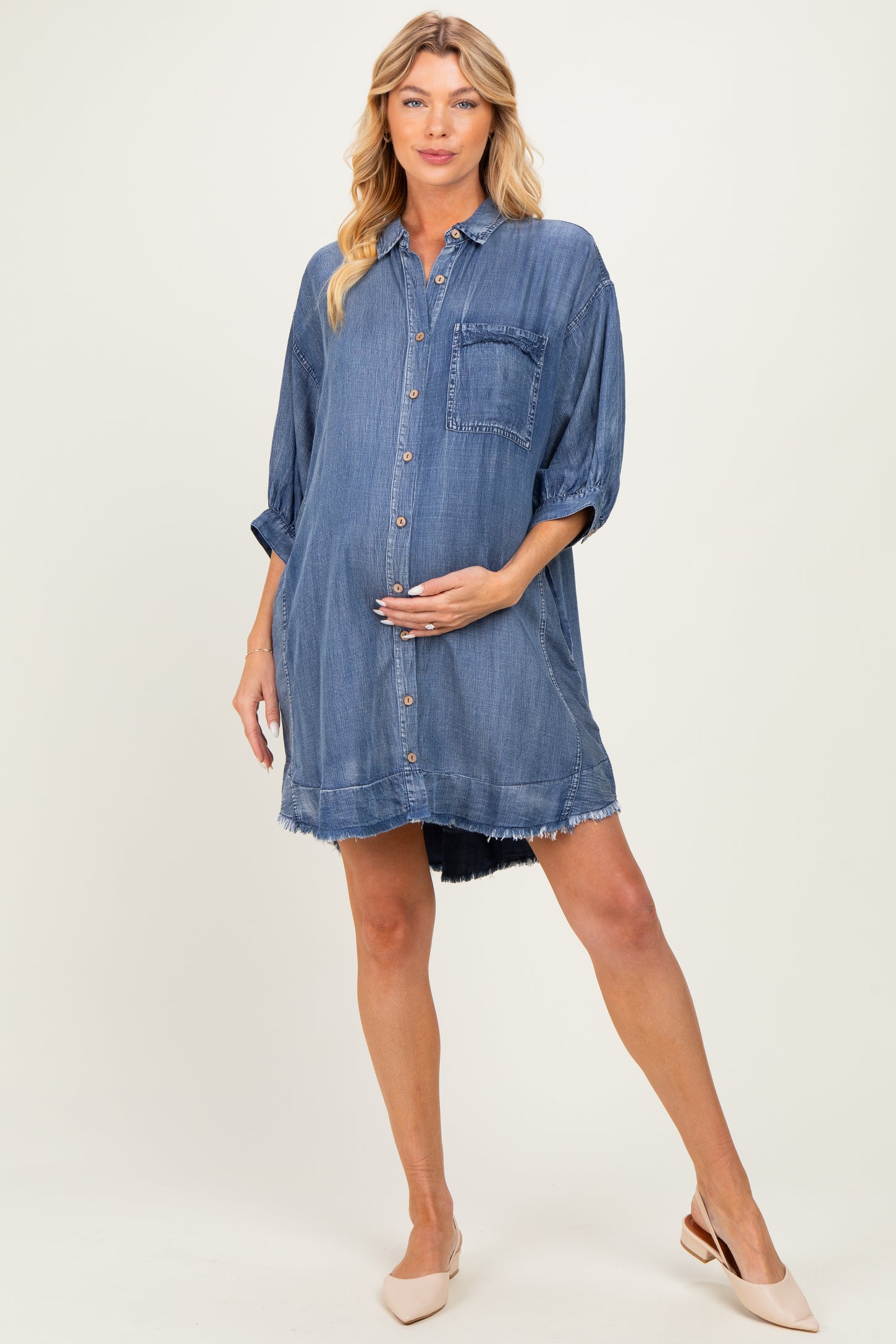 Dark Denim Chambray Dolman Sleeve Maternity Shirt Dress – PinkBlush