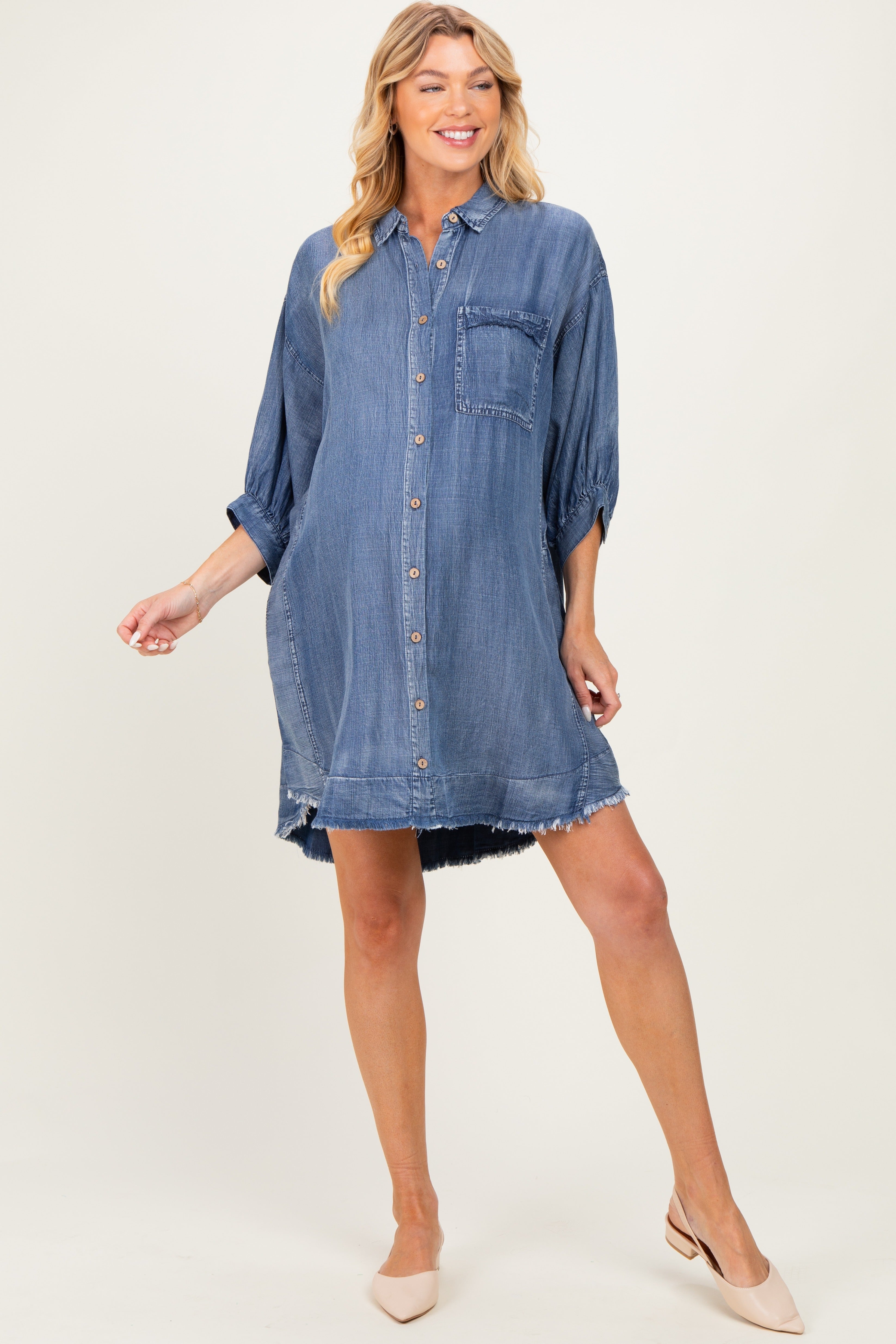 Dark Denim Chambray Dolman Sleeve Maternity Shirt Dress