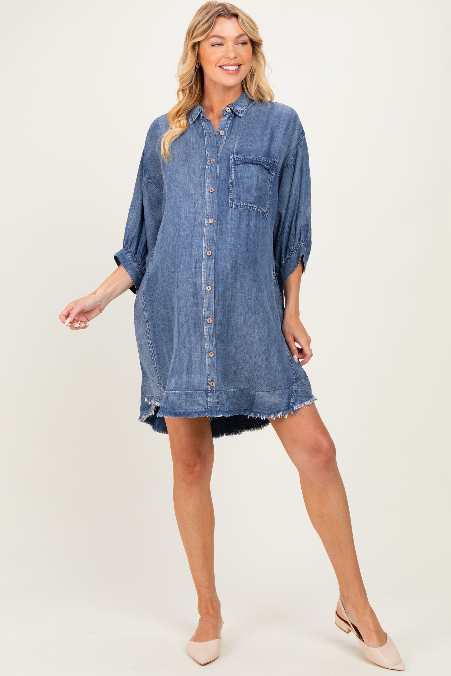 Dark Denim Chambray Dolman Sleeve Maternity Shirt Dress – PinkBlush