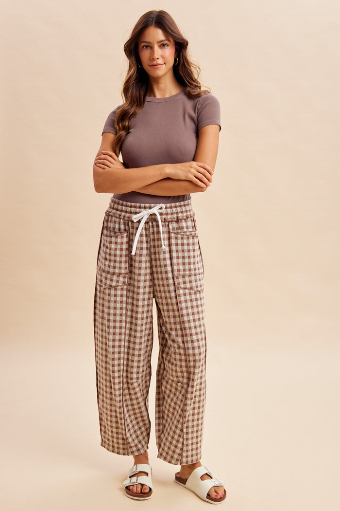 Mocha Gingham Barrel Leg Pants
