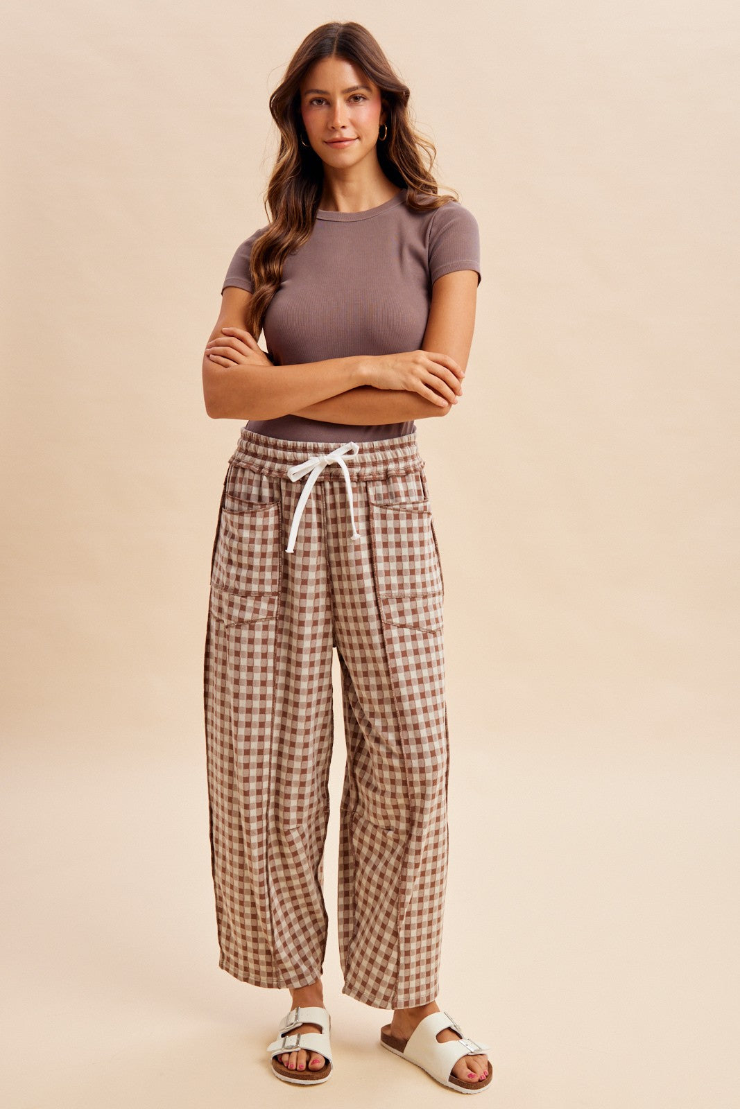 Mocha Gingham Barrel Leg Maternity Pants