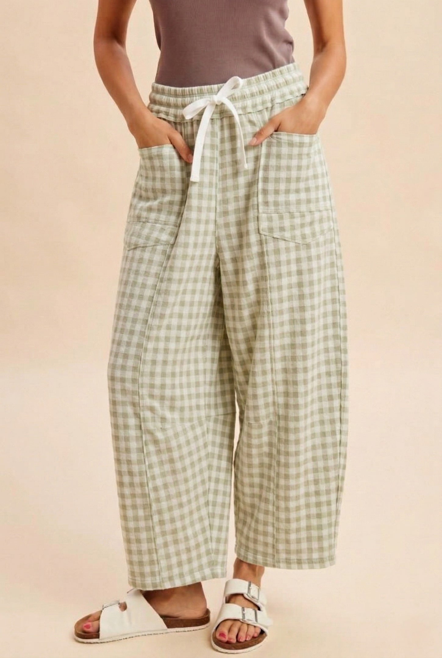 Light Sage Gingham Barrel Leg Pants