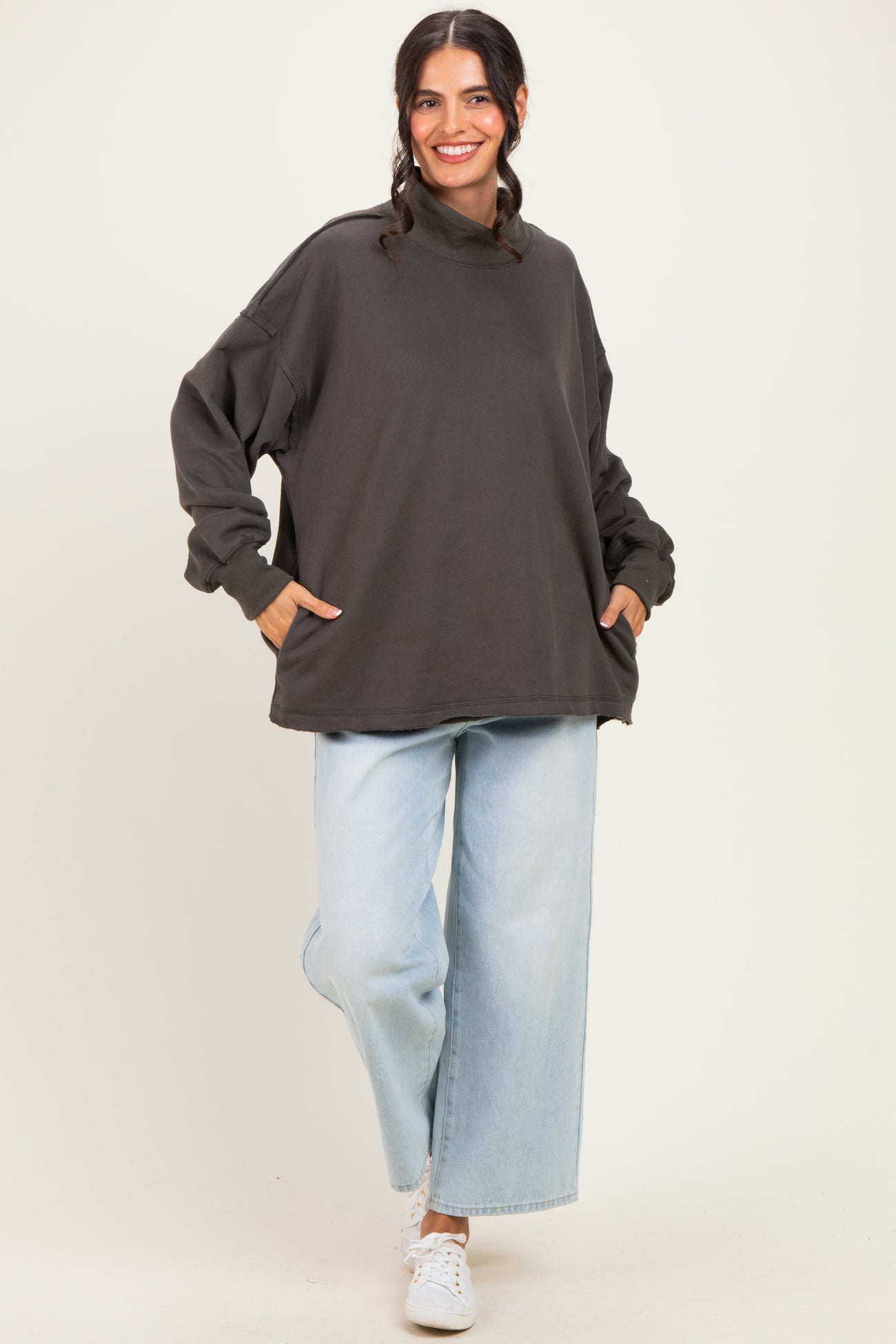 Charcoal Washed Oversized Mock Neck Sweatshirt