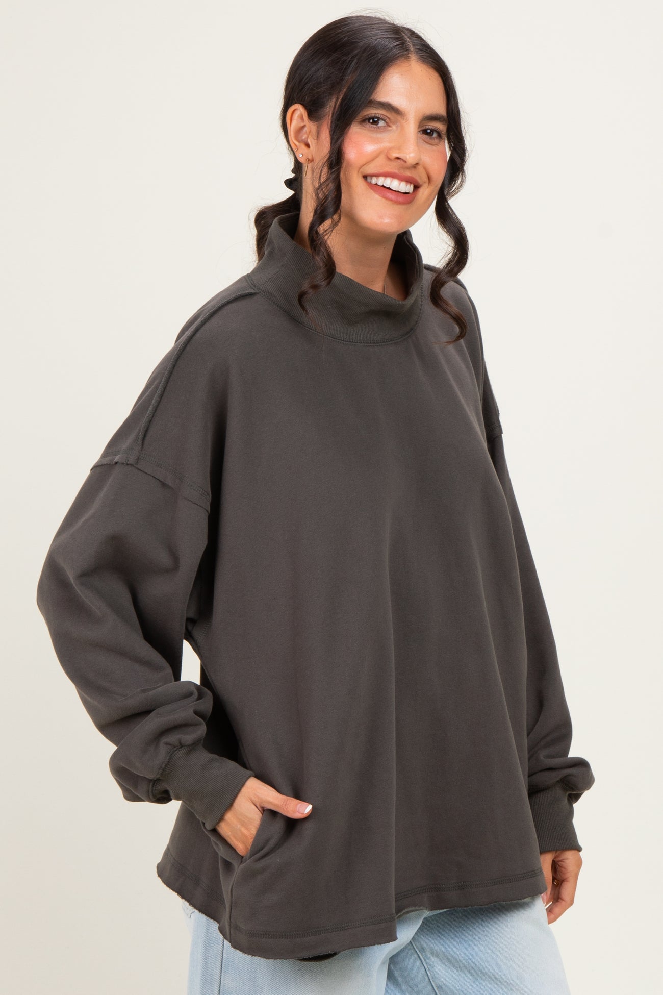 Charcoal Washed Oversized Mock Neck Sweatshirt