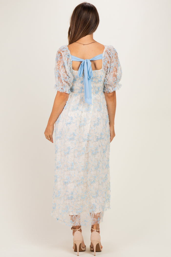 Light Blue Floral Mesh Overlay Tie Back Maternity Midi Dress