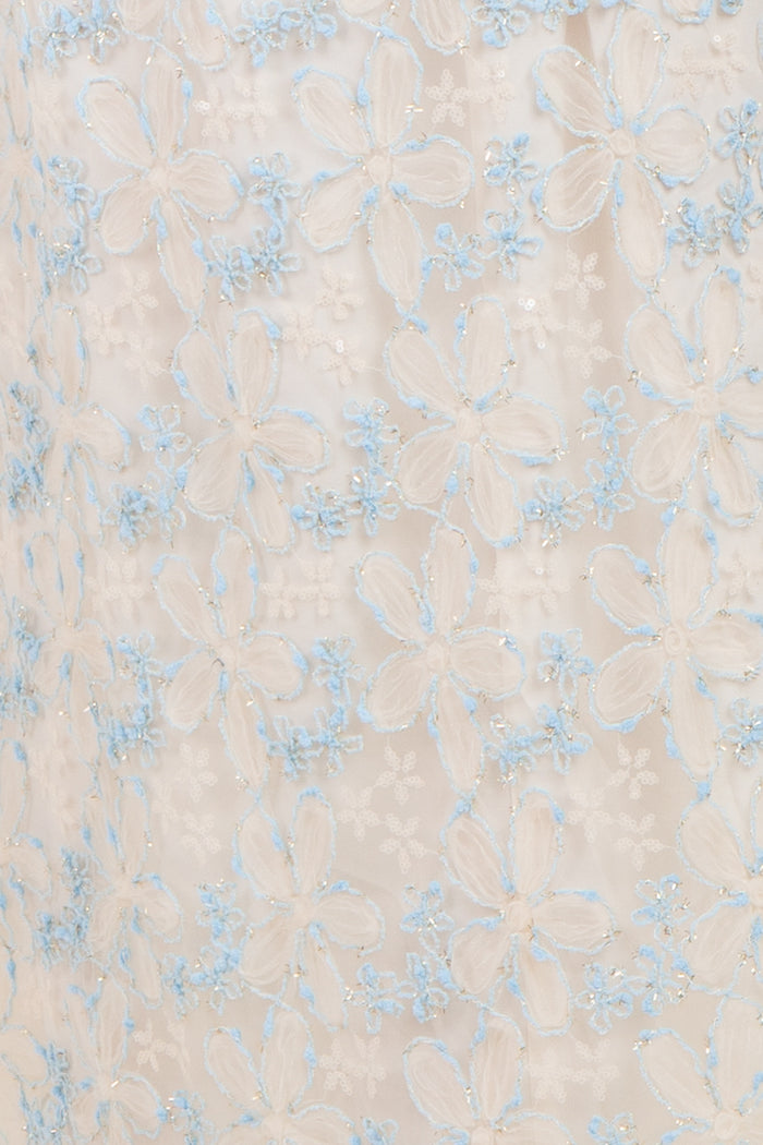 Light Blue Floral Mesh Overlay Tie Back Maternity Midi Dress