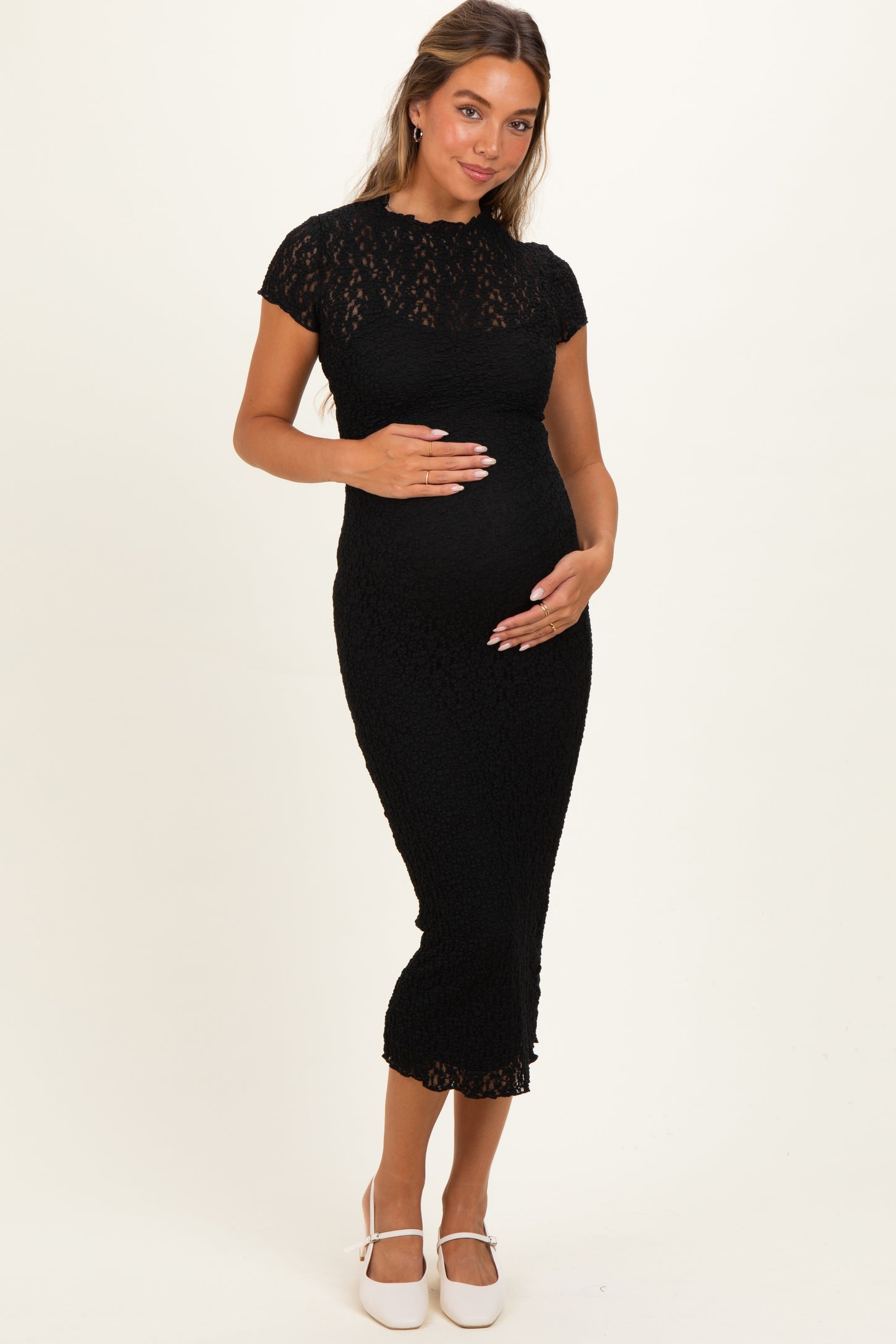 Black Sheer Lace Overlay Short Sleeve Maternity Midi Dress