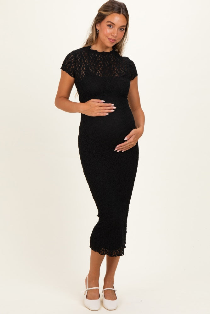Black Sheer Lace Overlay Short Sleeve Maternity Midi Dress  PinkBlush