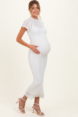 White Sheer Lace Overlay Short Sleeve Maternity Midi Dress
