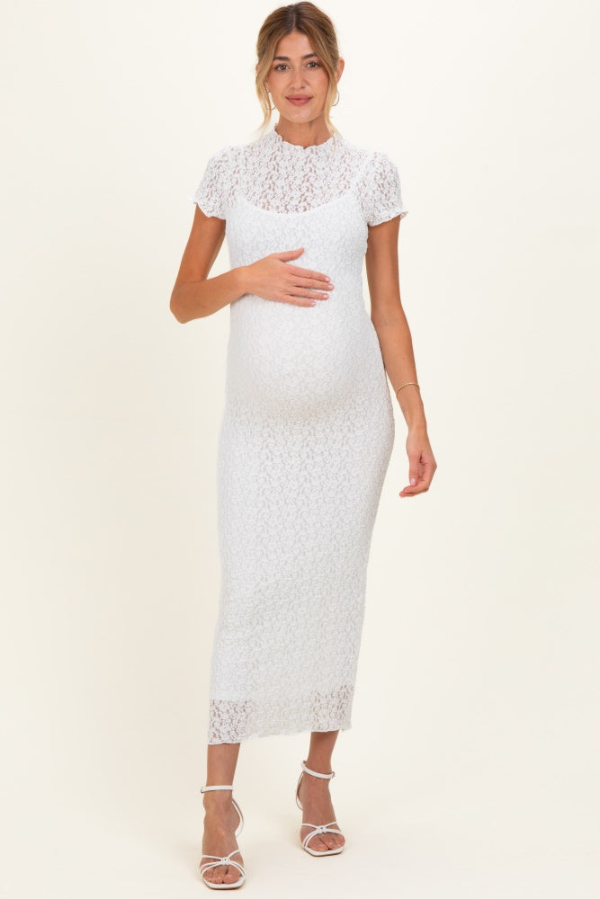 White Sheer Lace Overlay Short Sleeve Maternity Midi Dress – PinkBlush White Sheer Lace Overlay Short Sleeve Maternity Midi Dress – PinkBlush