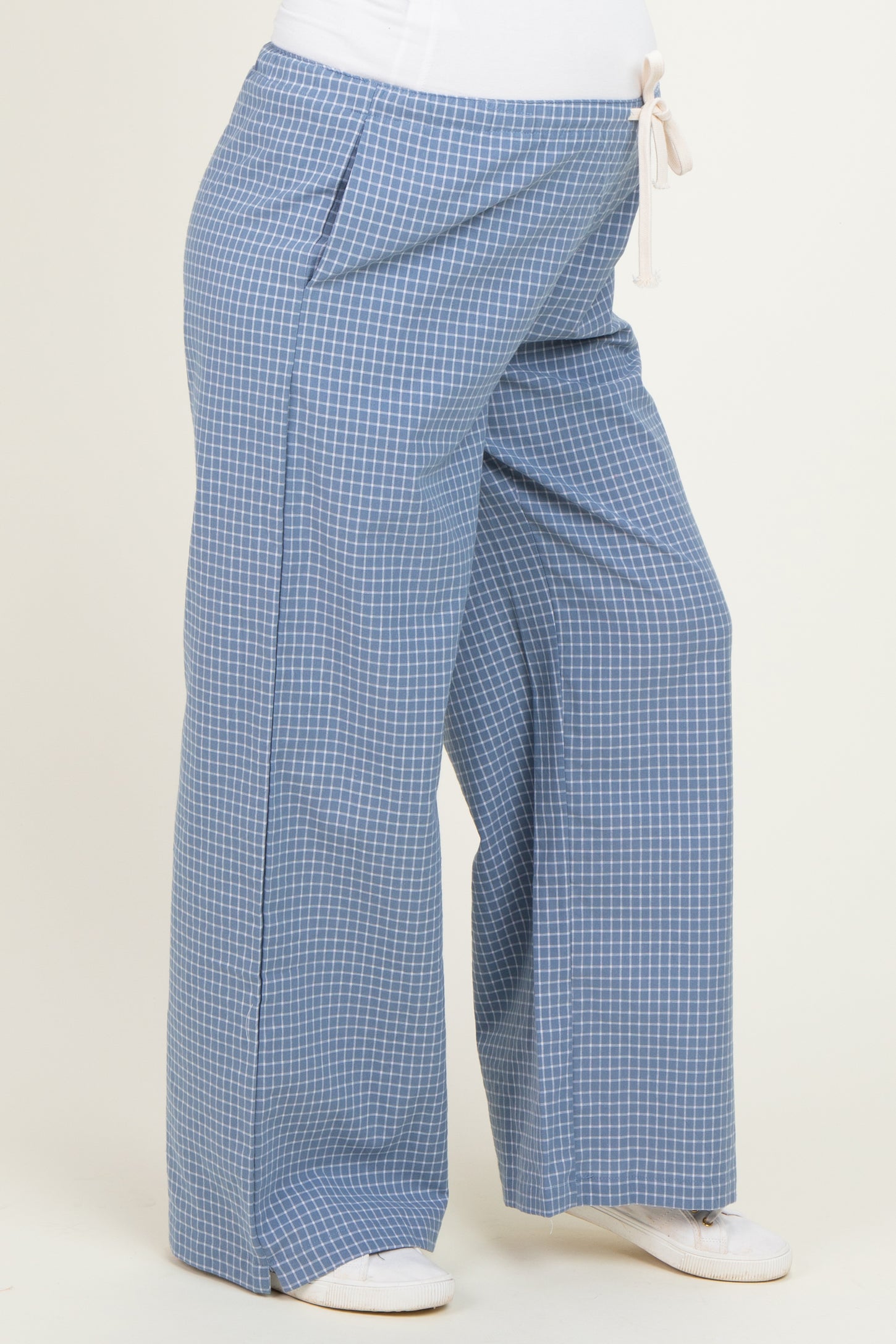 Blue Multi Drawstring Checkered Maternity Pants