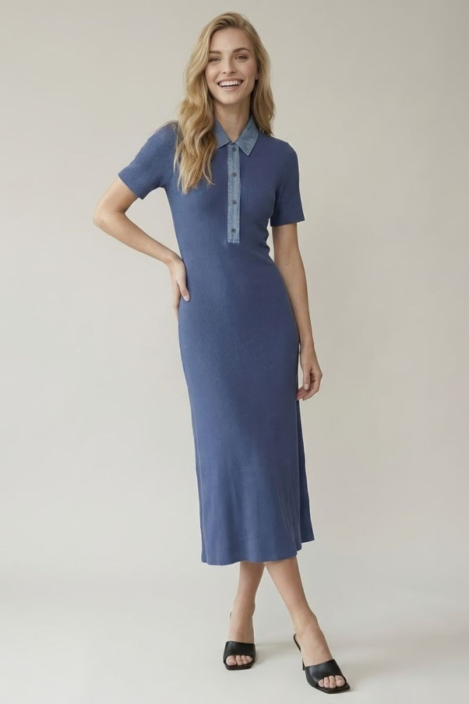 dusty navy blue dress Denim Contrast Collar Knit Midi – PinkBlush Product Details RQ2:300 Country Concert Dresses | Riding Boot Size:UK 4