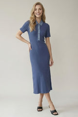 Dusty Navy Denim Contrast Collar Knit Midi Dress