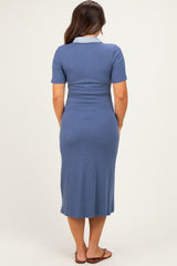 Dusty Navy Denim Contrast Collar Maternity Knit Midi Dress