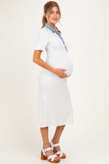 Off White Denim Contrast Collar Maternity Knit Midi Dress