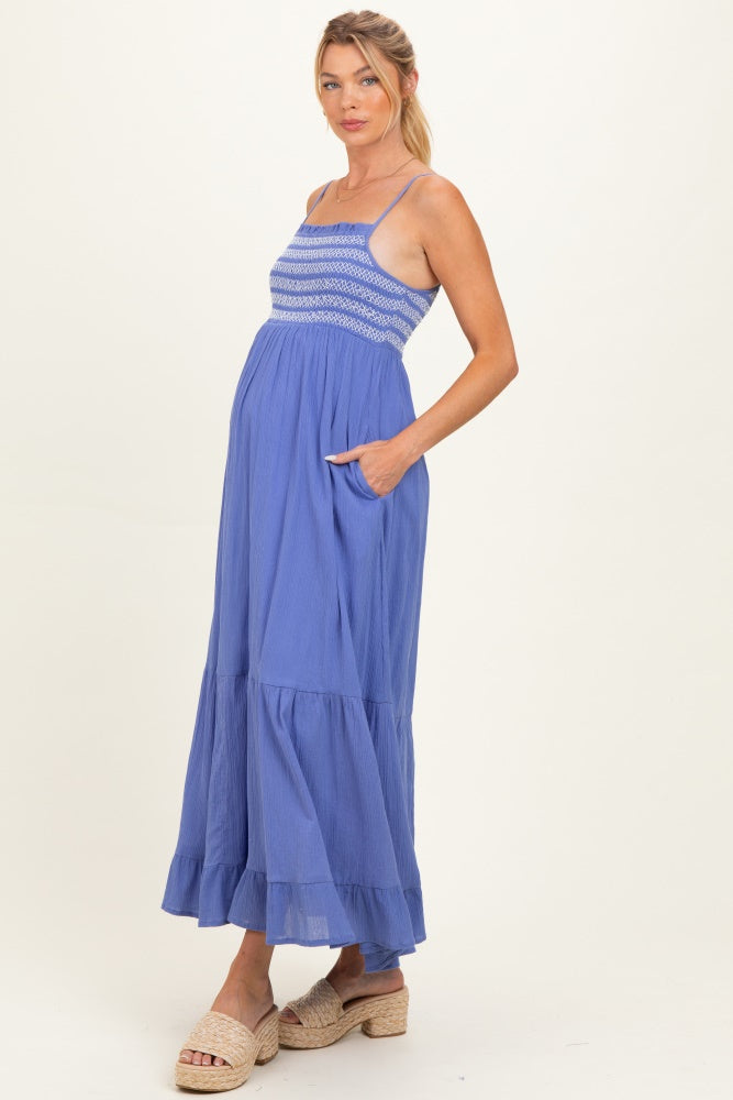 capri smocked maxi dress Capri Embroidered Smocked Maternity Maxi Dress