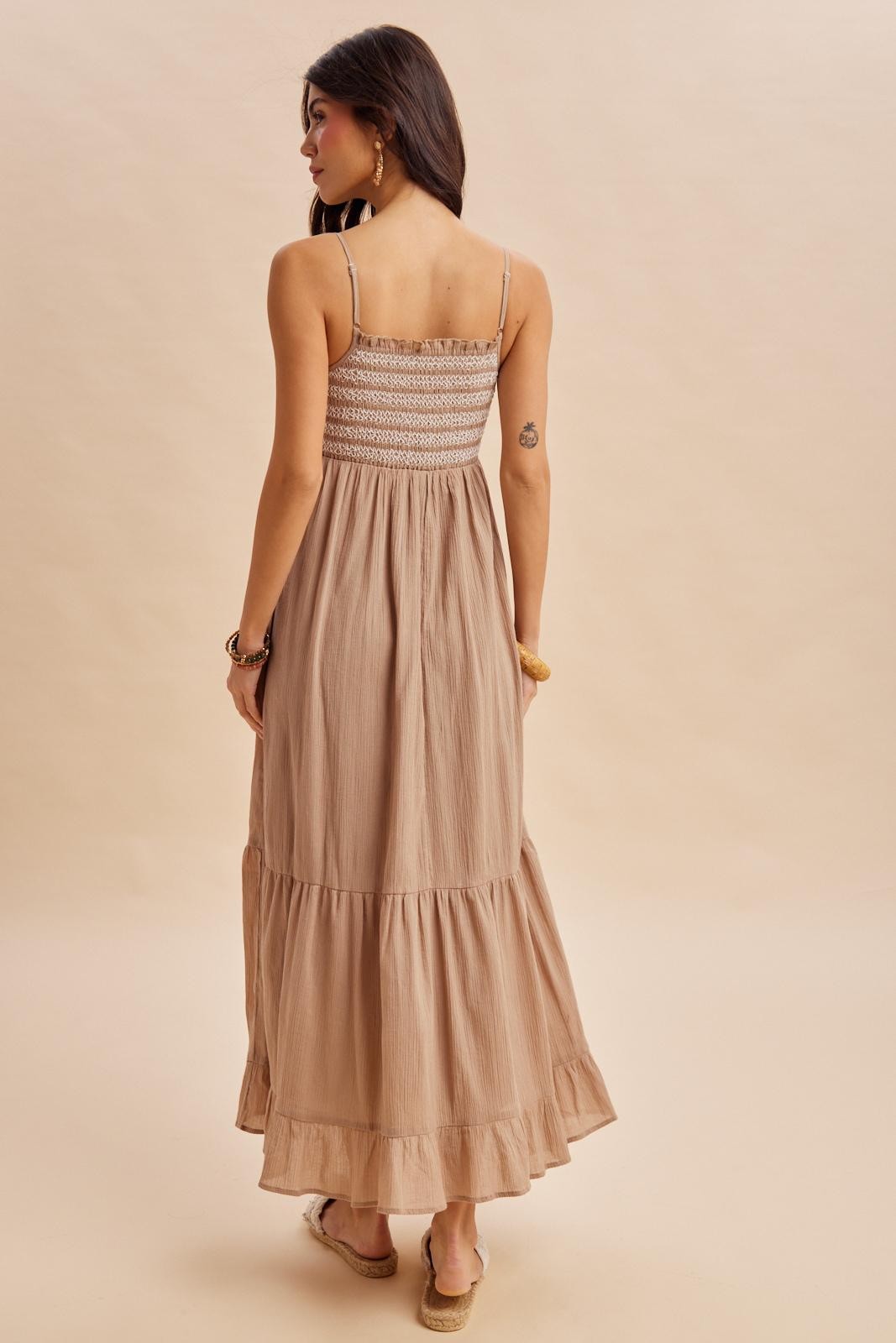 Beach Sand Embroidered Smocked Maxi Dress